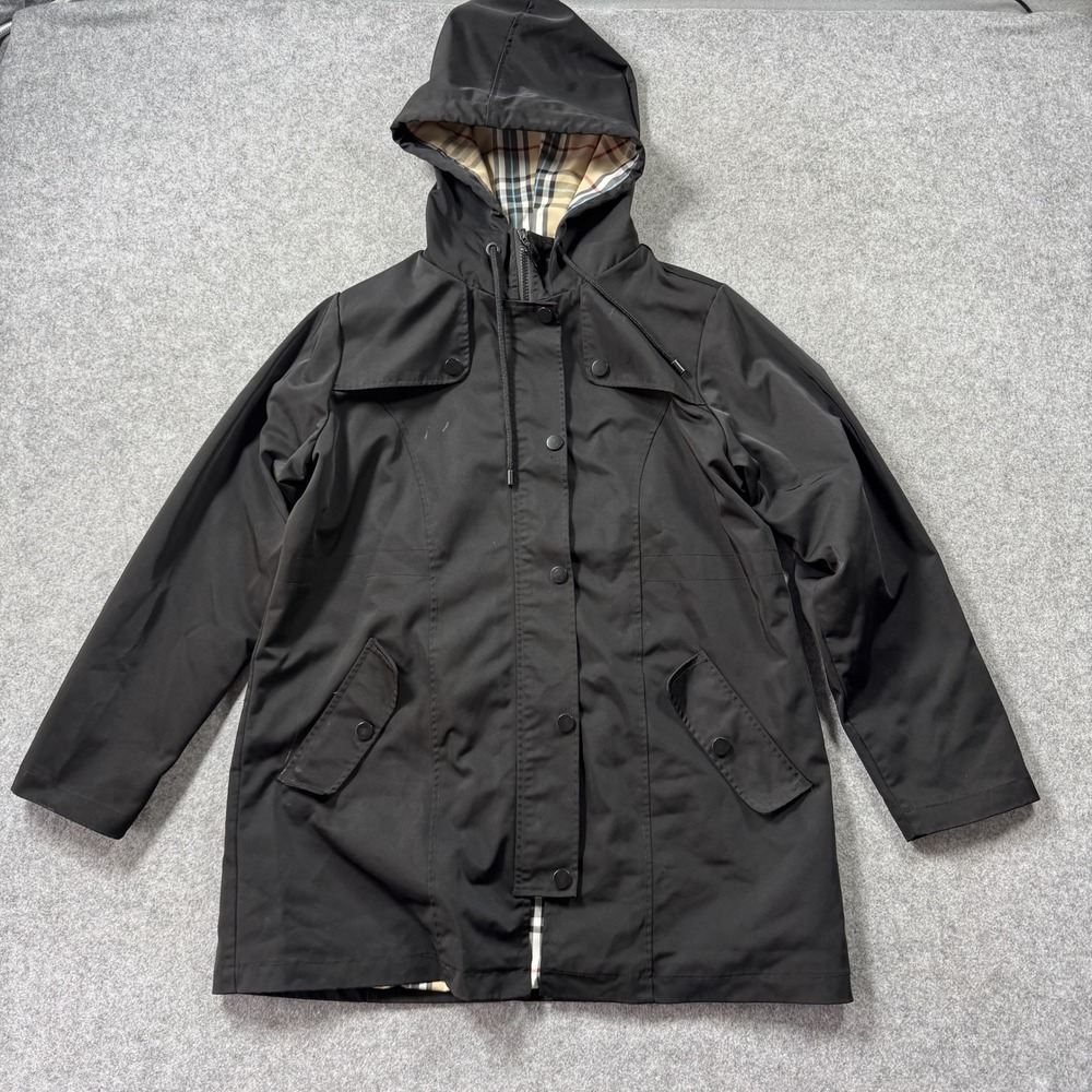 Saphirose Womens Hooded Rain Jacket Size M Black Plaid Lined Full Zip Snap